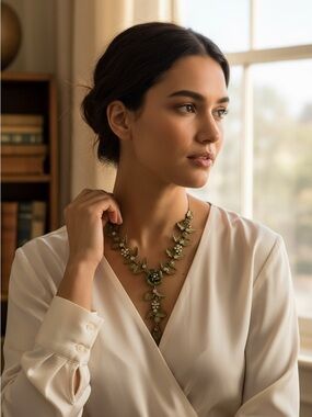Gorgeous filigree necklace and earring set. Green floral with Silvertone